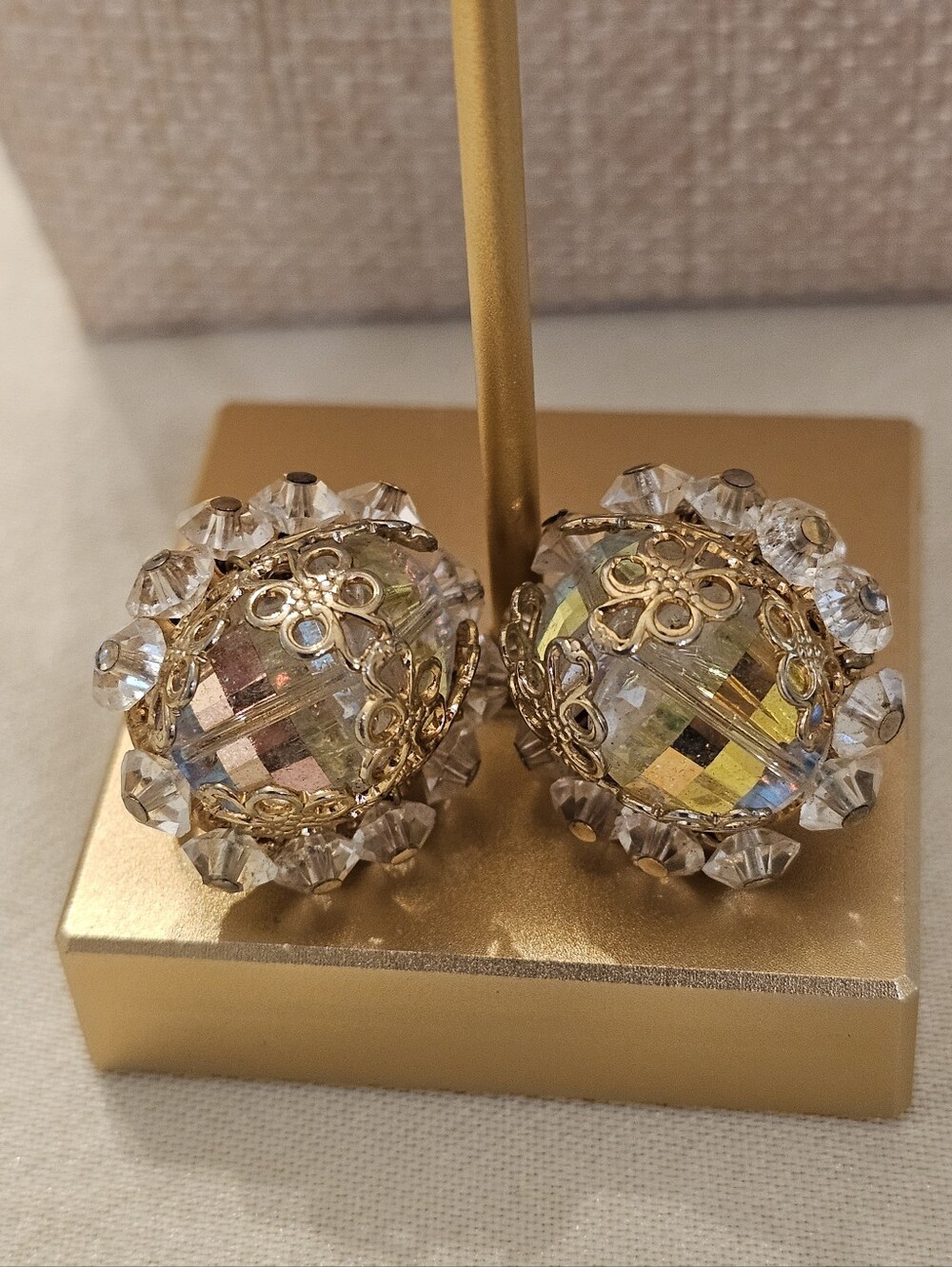 Vintage Vendome Crystal Clip-On Earrings – Gold Tone Floral Dome
